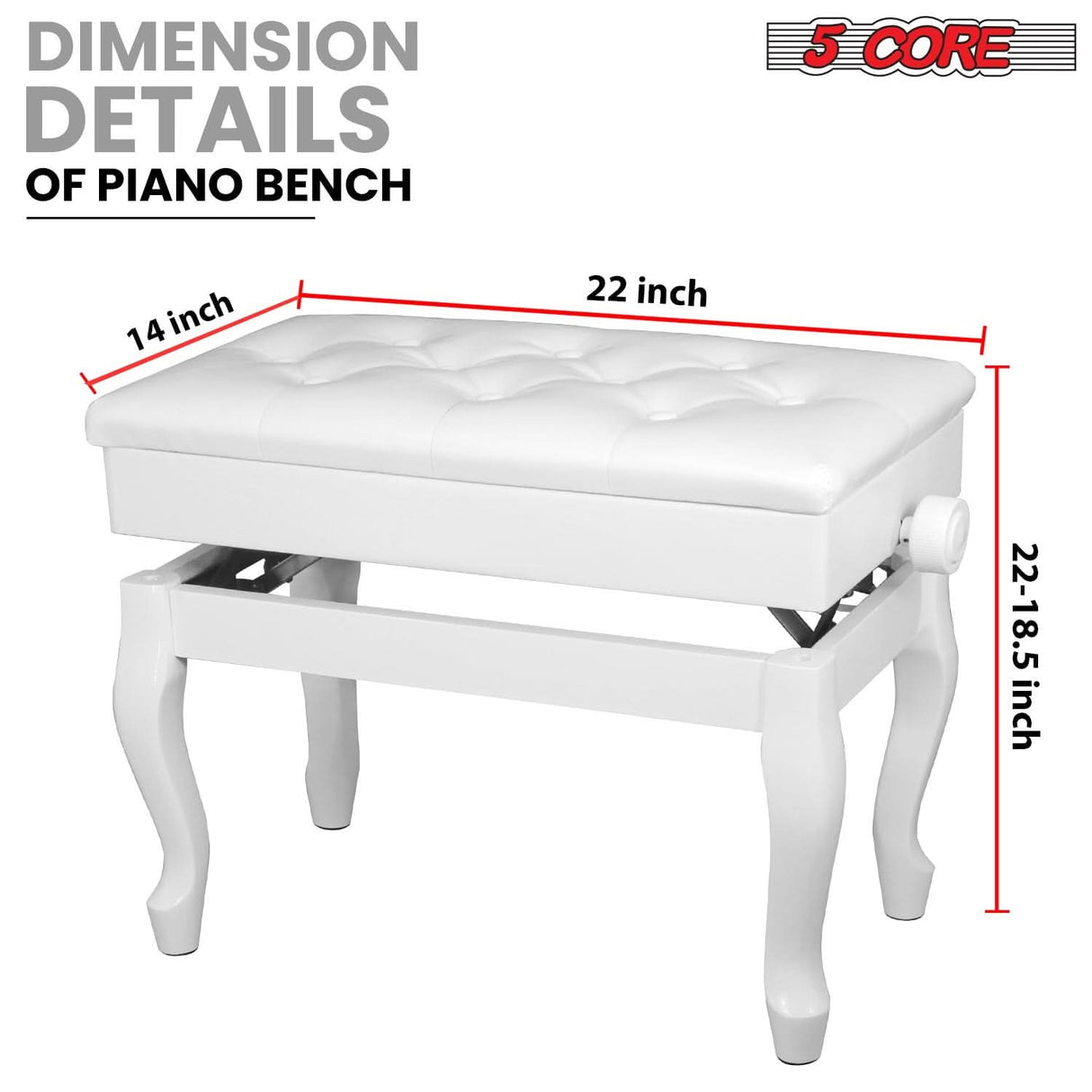 5 Core Piano Bench 3" Padded Cushioned Stool Wooden Heavy Duty Adjustable Musician Chair w Storage