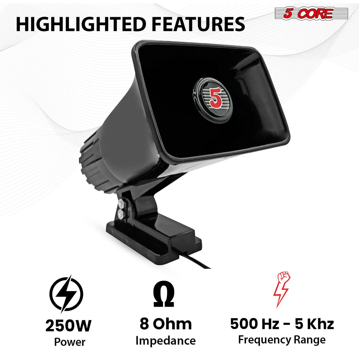 5 Core 8 Inch PA Horn 250W Loud Speaker Bull Horn Loud Audio 8Ohm All Weather Indoor Outdoor Use