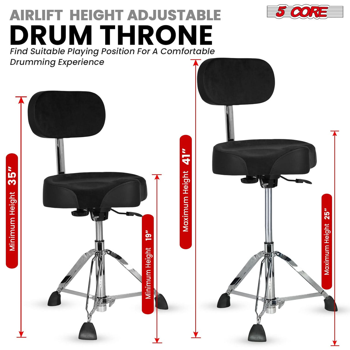 5 Core Drum Throne w Backrest 4" Padded Stool Airlift 25" Adjustable Drummer Stool 441Lb Capacity