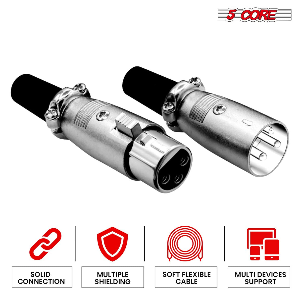 5Core XLR Connector Male Female to 1/4 Audio Jack 3 Pin Secure Mic Plug w Locking Ends 10 PAIR