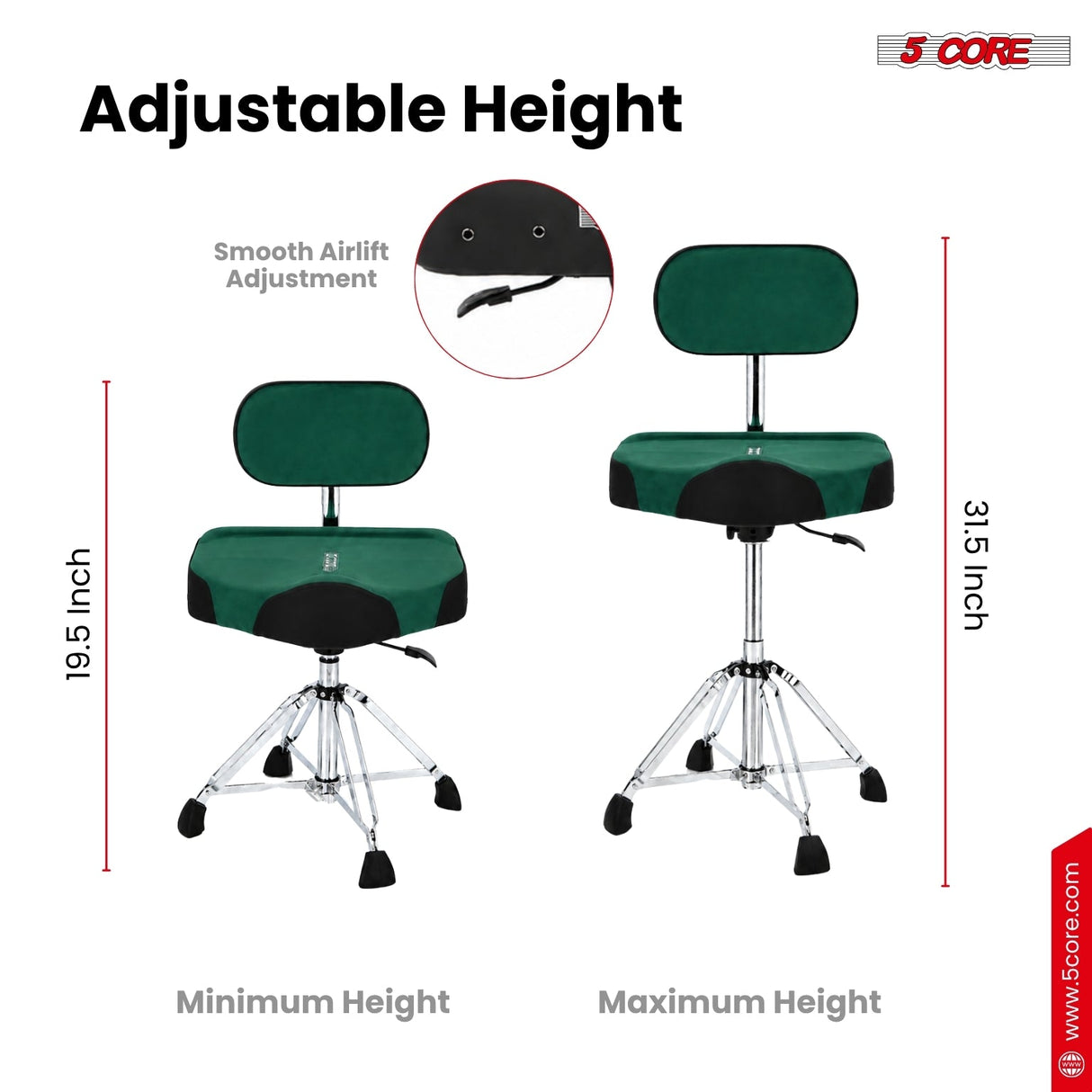 5 Core Drum Throne w Backrest 4" Padded Stool Airlift Adjustable Drummer Chair