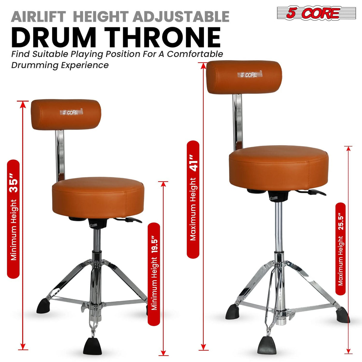 5 Core Drum Throne w Backrest 4" Padded Stool Airlift Adjustable 25.5" Drummer Chair 441Lb Capacity