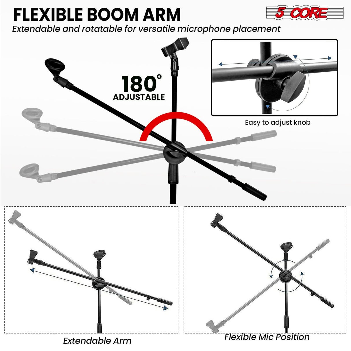 5 Core Mic Stand Floor Height Adjustable Tripod Microphone Stands w Extending Telescoping Boom Arm