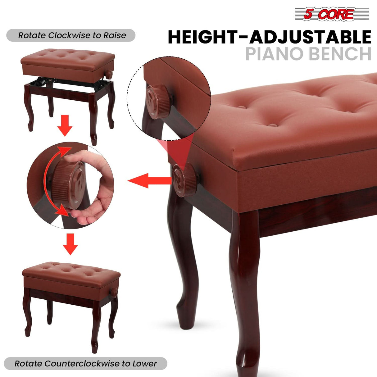 5 Core Piano Bench 3" Padded Cushioned Stool Wooden Heavy Duty Adjustable Musician Chair w Storage
