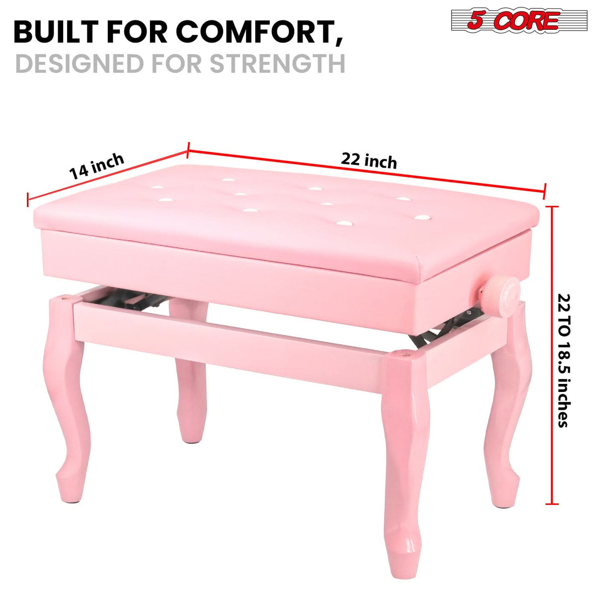 5 Core Piano Bench 3" Padded Cushioned Stool Wooden Heavy Duty Adjustable Musician Chair w Storage