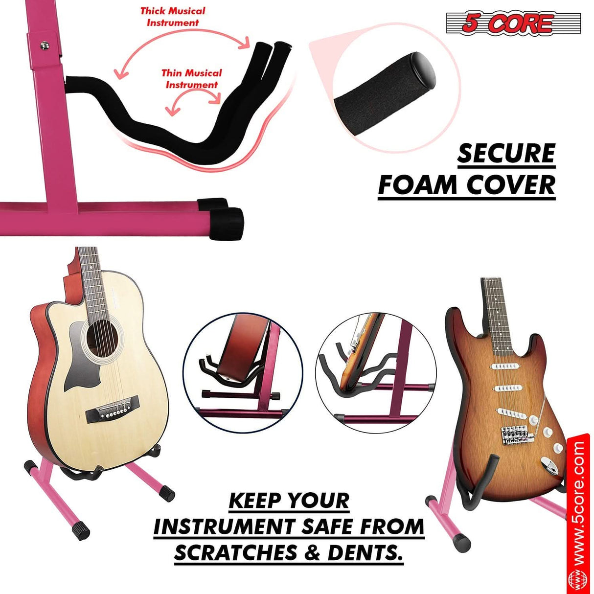 Vibrant 5Core pink guitar holder with padded arms and non-slip feet