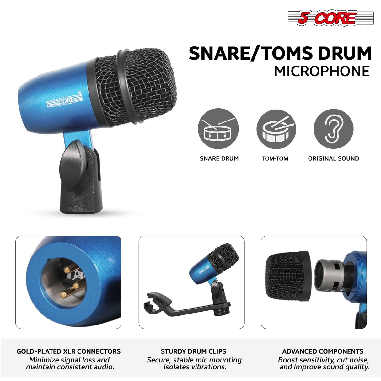 5 Core Drum Microphone Kit 9Pc All Metal Drummer Mics Tom/Snare & Cymbals Wired Instrument Drums Set