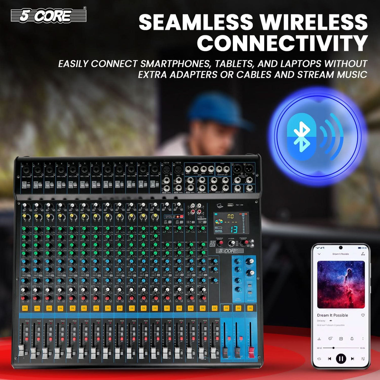 5 Core Audio Mixer 20 Channel DJ Soundboard USB Interface Bluetooth Mixing Console w 24 SPX Effect