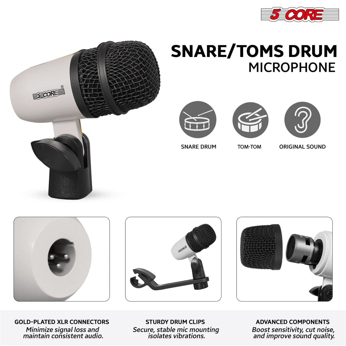 5 Core Drum Microphone Kit 7Pc All Metal Drummer Mics Tom/Snare & Cymbals Wired Instrument Drums Set