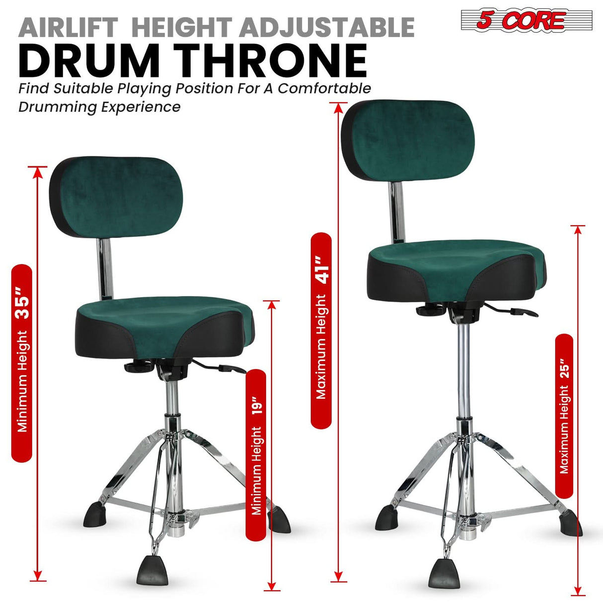 5 Core Drum Throne w Backrest 4" Padded Stool Airlift 25" Adjustable Drummer Stool 441Lb Capacity