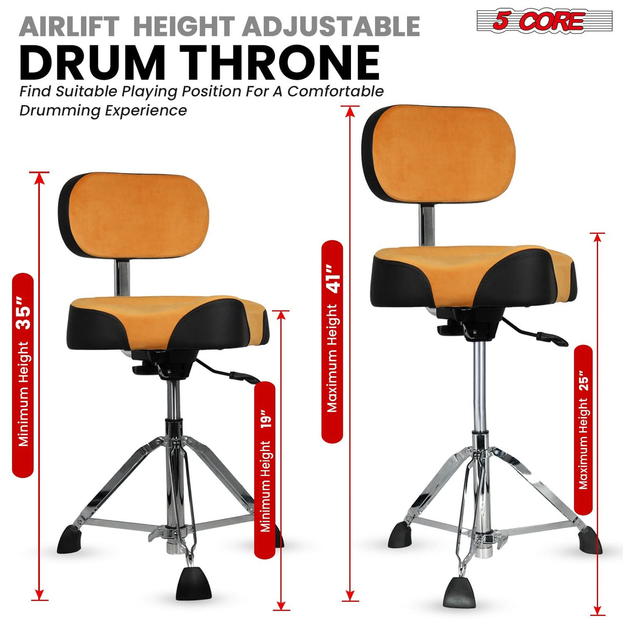 5 Core Drum Throne w Backrest 4" Padded Stool Airlift 25" Adjustable Drummer Stool 441Lb Capacity