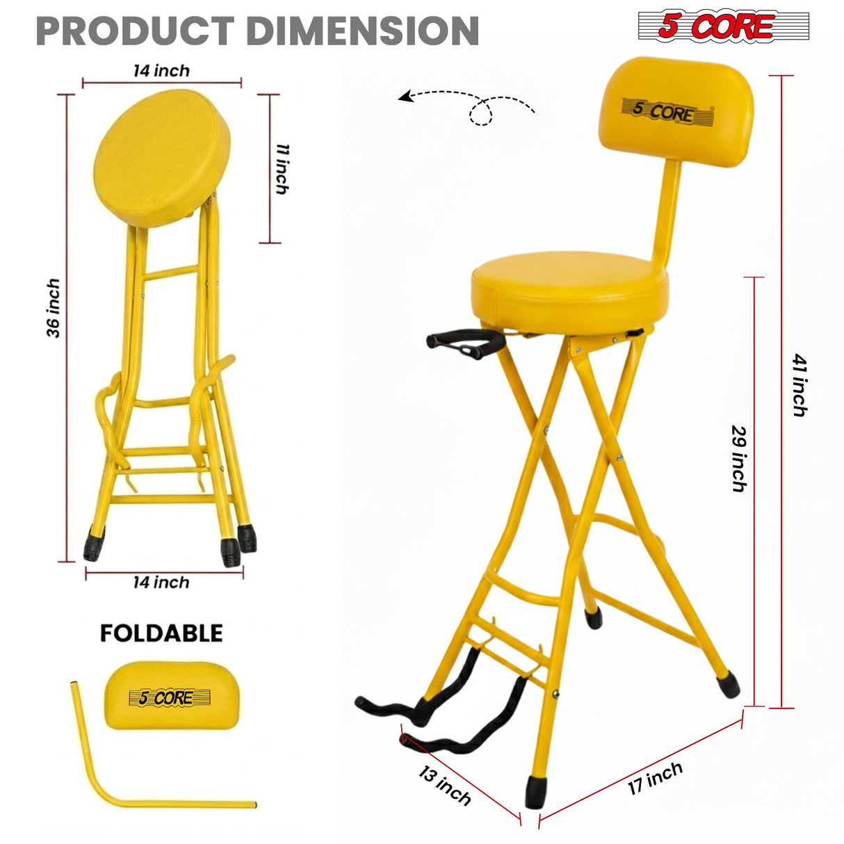 5 Core Guitar Stool w Backrest 3.15" Padded Chair Foldable Music Seat Built in Foot Rest Guitar Stand