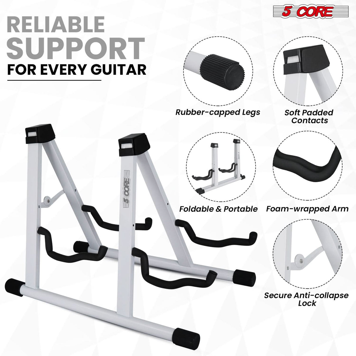 5 Core Double Guitar Stand A Frame Shape w Foam Arms Supports Acoustic Electric Bass Ukulele Banjo