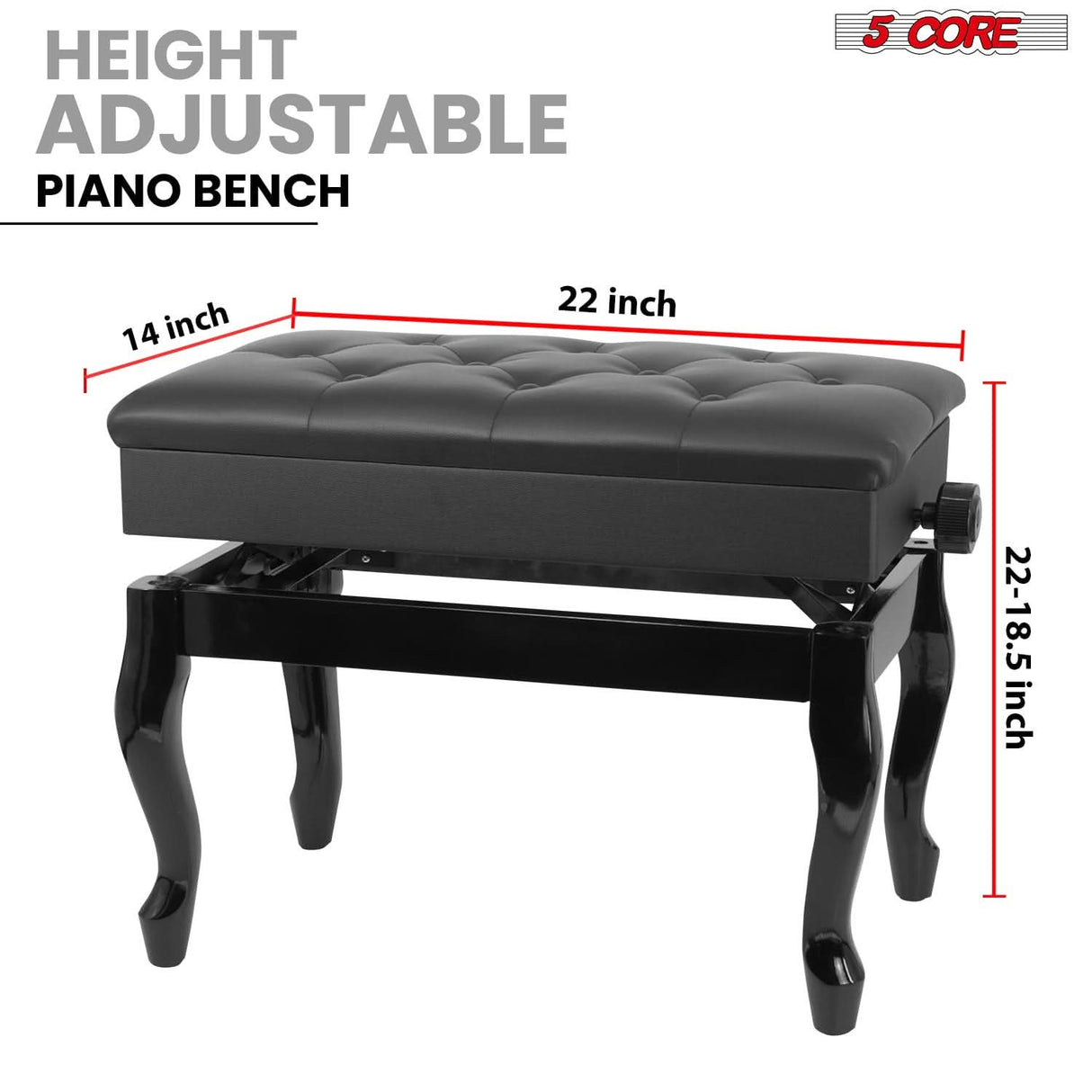 5 Core Piano Bench 3" Padded Cushioned Stool Wooden Heavy Duty Adjustable Musician Chair w Storage