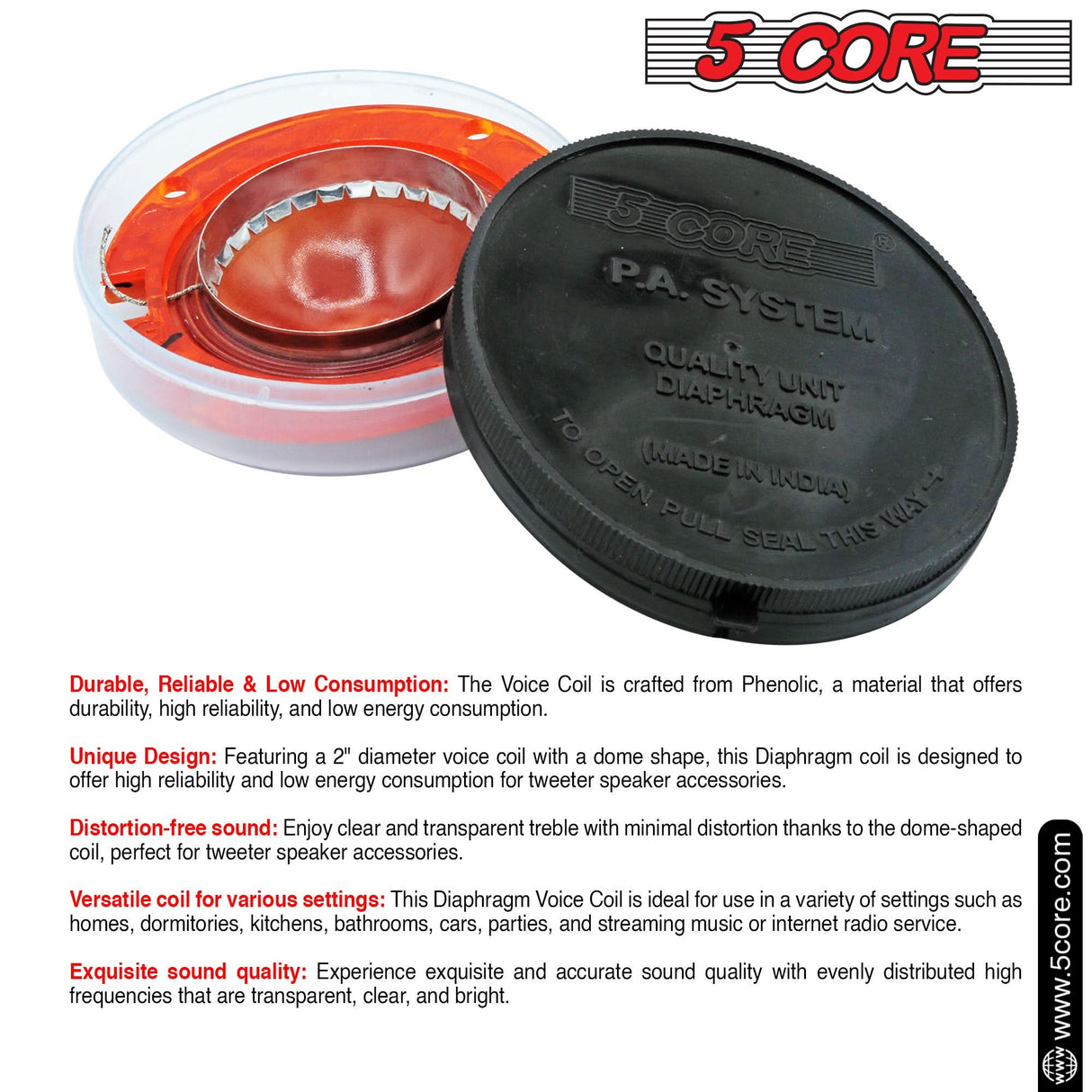 5Core 2" Replacement Phenolic Tweeter Diaphragm 2Pcs oice Coil High Pitch Horn