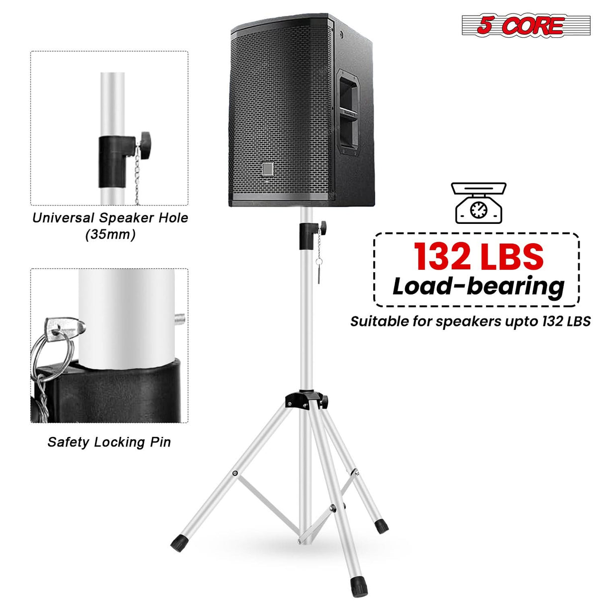 5 Core Speaker Stand Adjustable 31 to 36" PA DJ Tripod Stands Heavy Duty w 35mm Insert 132 Lbs