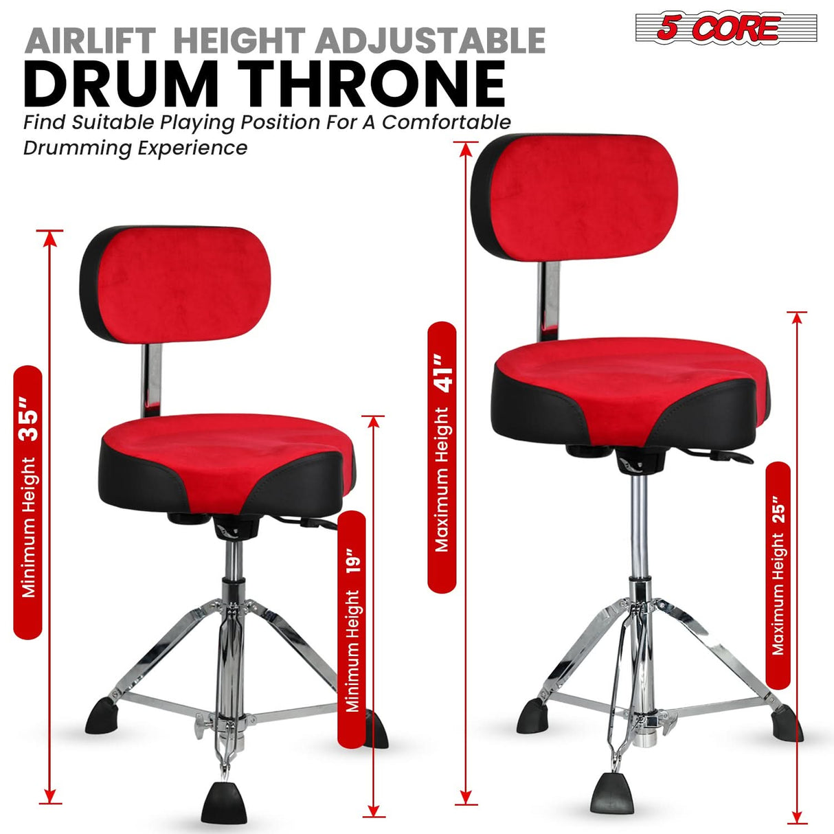 5 Core Drum Throne w Backrest 4" Padded Stool Airlift 25" Adjustable Drummer Stool 441Lb Capacity