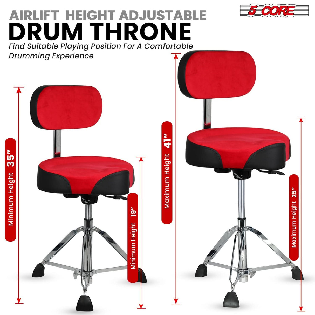 5 Core Drum Throne w Backrest 4" Padded Stool Airlift 25" Adjustable Drummer Stool 441Lb Capacity