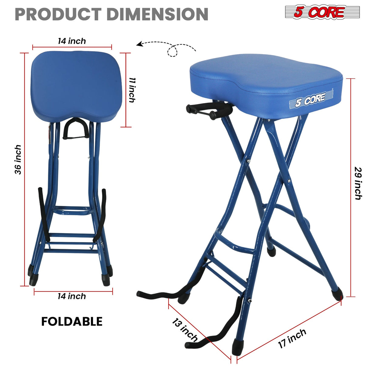 5 Core Guitar Stool 3.15" Padded Chair Foldable Music Seat w Built in Foot Rest Guitar Stand