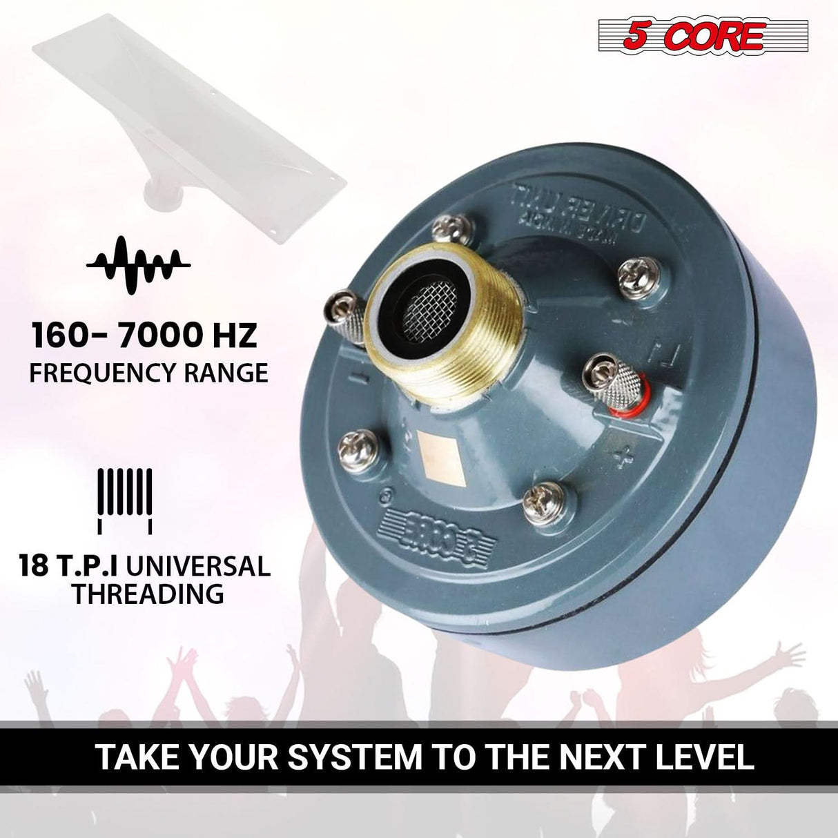 5 Core Compression Driver 2" Horn Tweeter 600W Titanium Diaphragm 16 Ohms 18 TPI All Weather Use