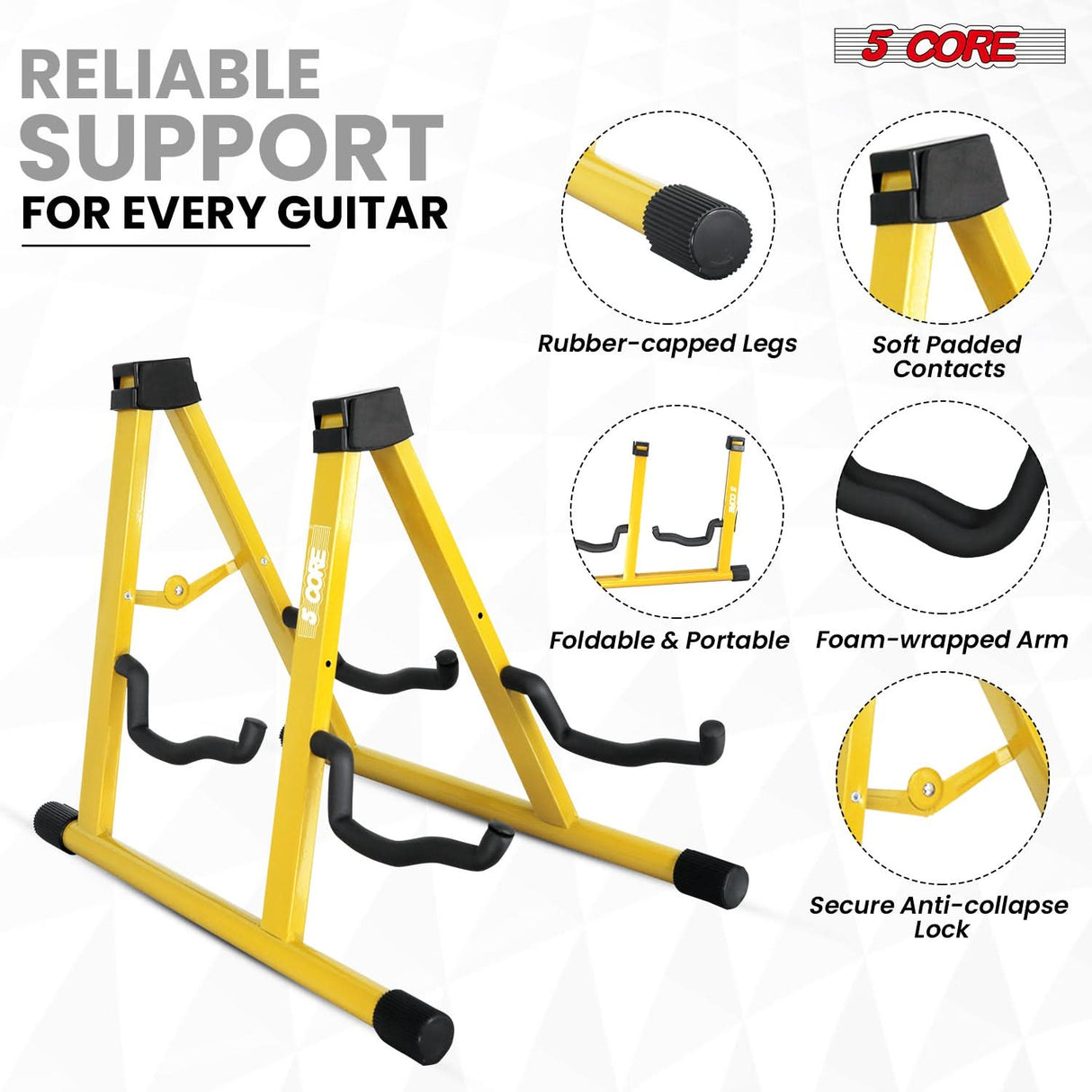 5 Core Double Guitar Stand A Frame Shape w Foam Arms Supports Acoustic Electric Bass Ukulele Banjo