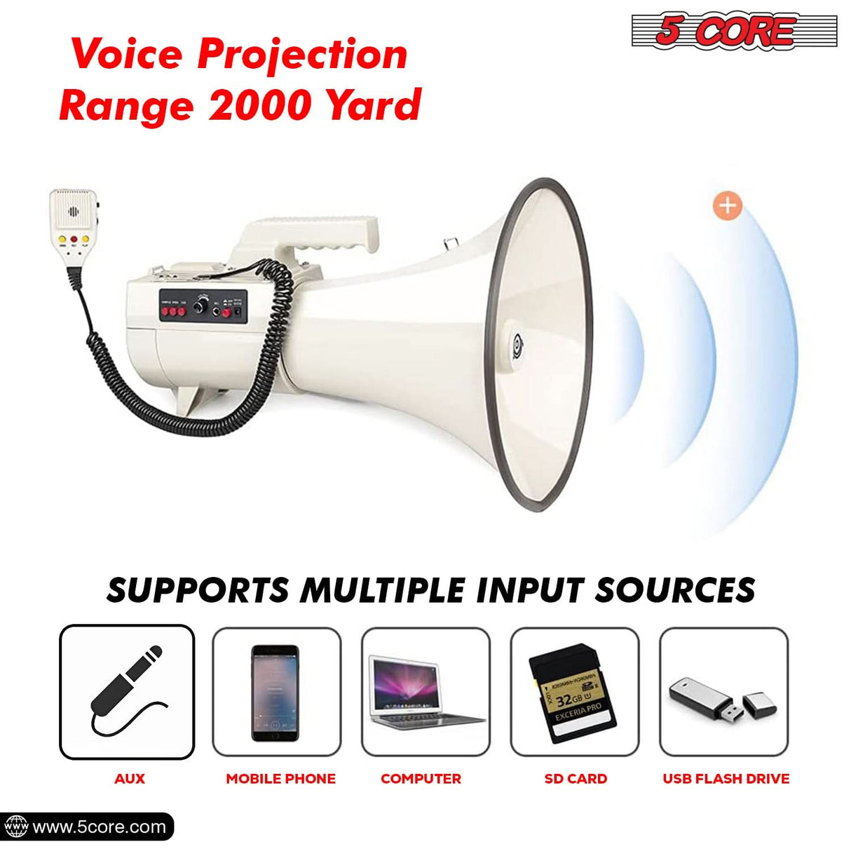 5Core Megaphone Bullhorn Speaker 100W Professional Bull Horn Battery Power Megafono 2000Yard Range