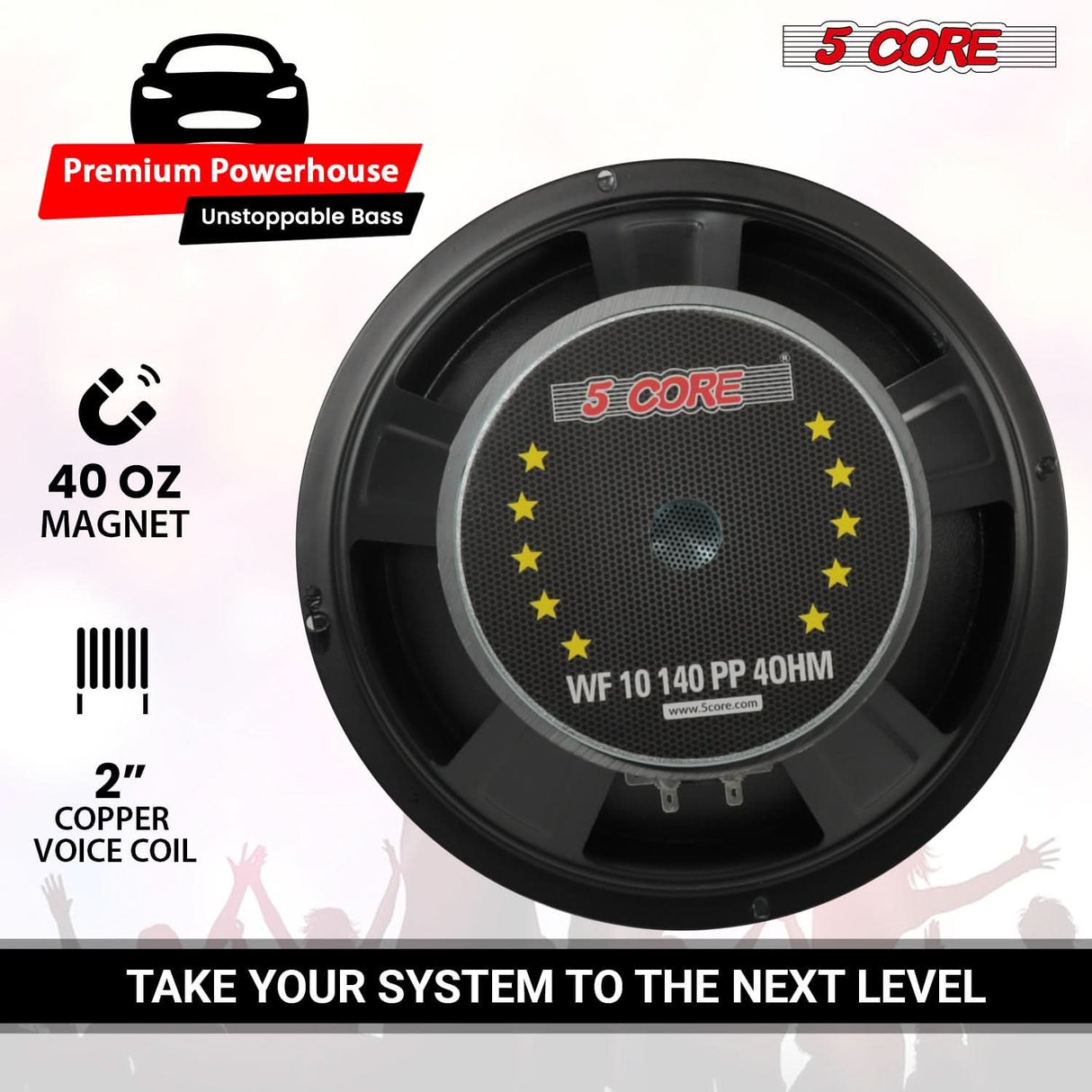 5 Core Car Subwoofer 2Pc 10" 3000W Pro Audio Deep Bass Component Sub Woofer 4Ohm Replacement Speaker