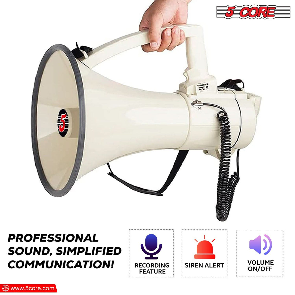 5 Core Megaphone 100W Bull Horn Professional PA Speaker w 2000 Yards Range Loud Siren Voice Amp