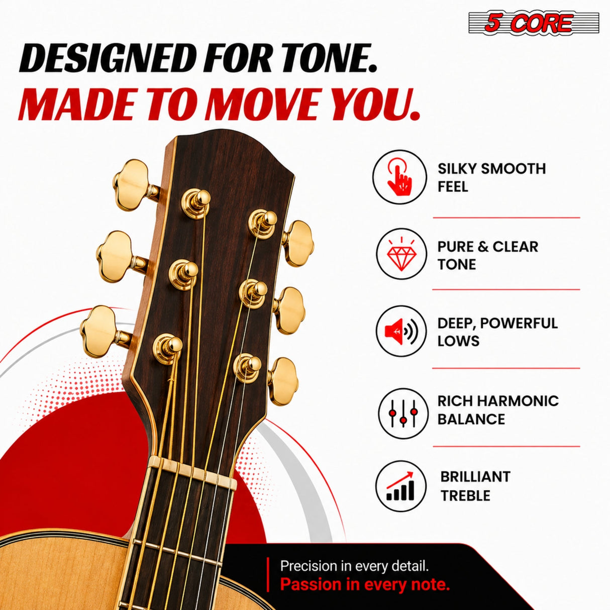 5 Core Acoustic Guitar 6 String Set Medium Gauge Steel Carbon Core Bright Powerful Tone Heavy Duty