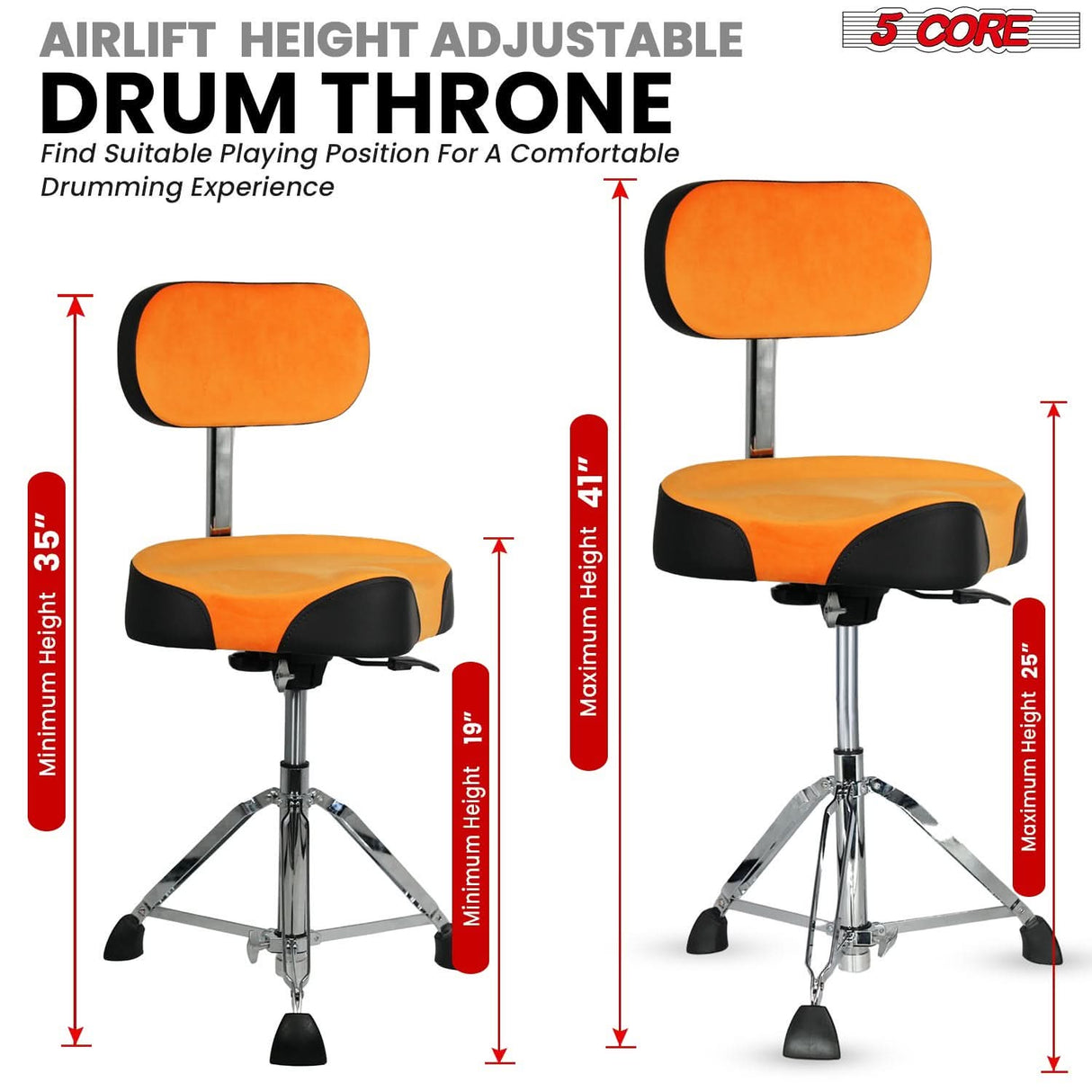 5 Core Drum Throne w Backrest 4" Padded Stool Airlift 25" Adjustable Drummer Stool 441Lb Capacity