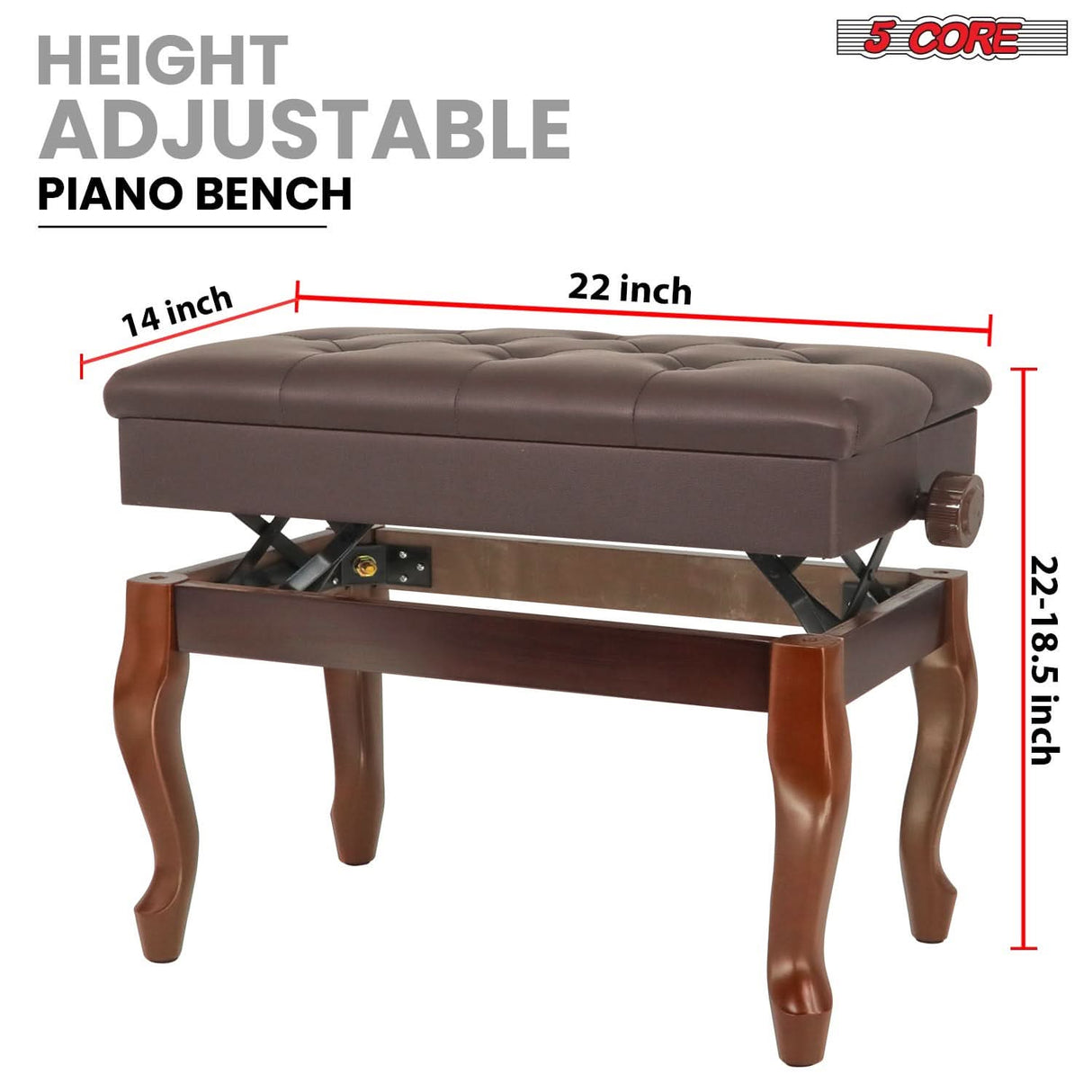 5 Core Piano Bench 3" Padded Cushioned Stool Wooden Heavy Duty Adjustable Musician Chair w Storage