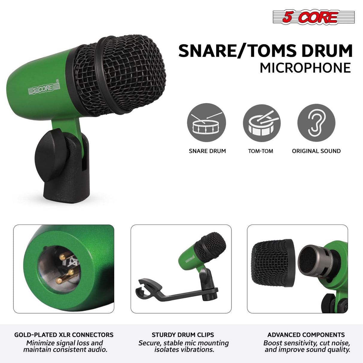 5 Core Drum Microphone Kit 7Pc All Metal Drummer Mics Tom/Snare & Cymbals Wired Instrument Drums Set