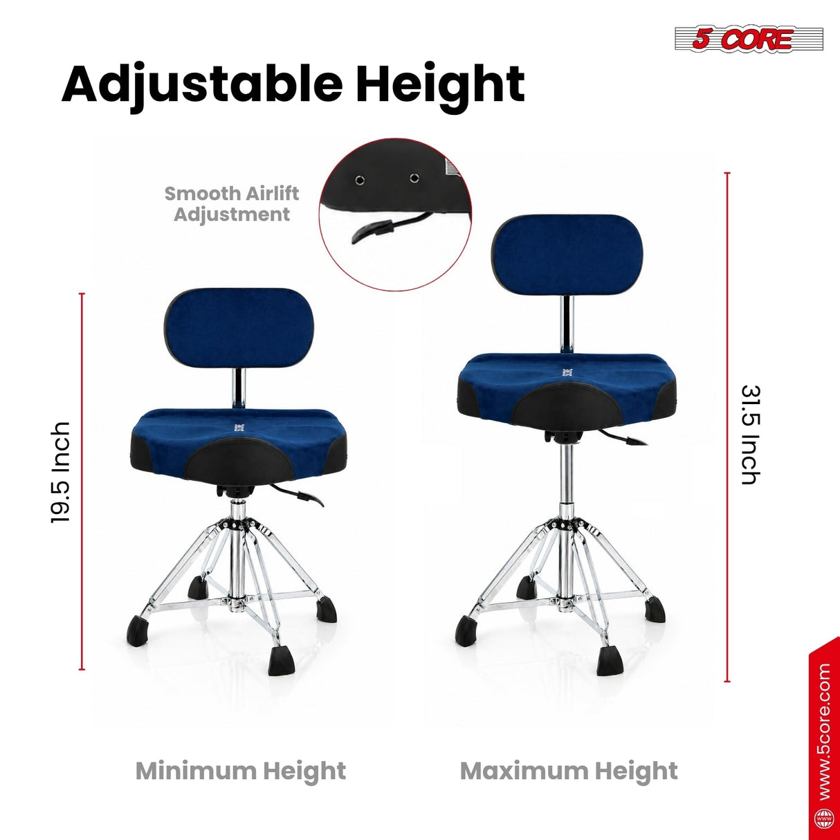 5 Core Drum Throne w Backrest 4" Padded Stool Airlift Adjustable Drummer Chair