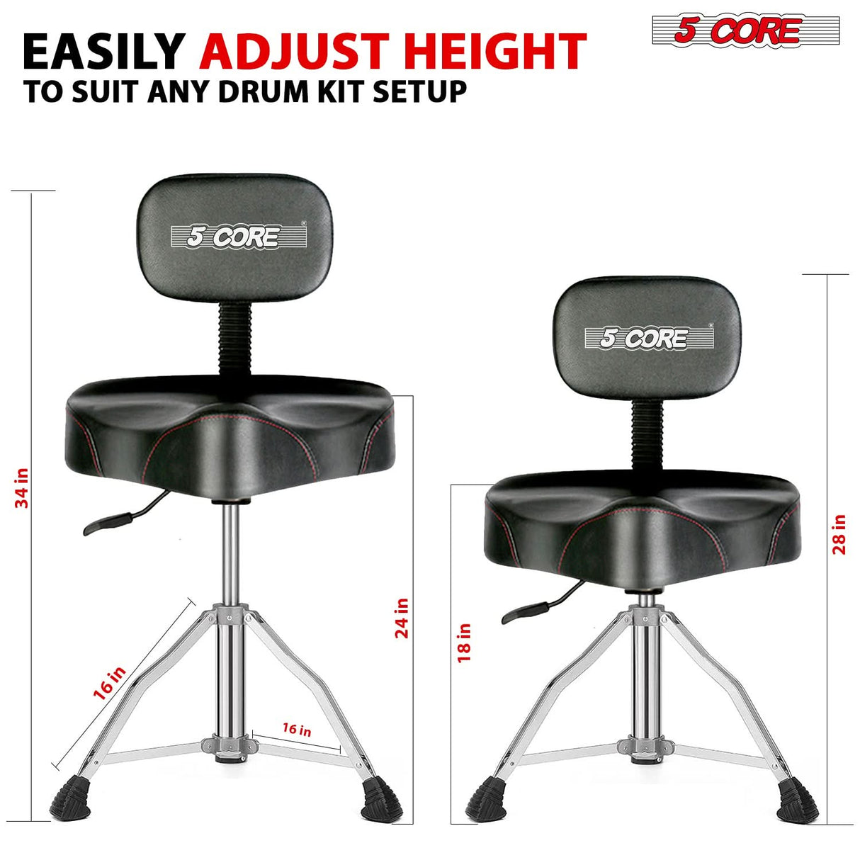 5 Core Drum Throne 4" Padded Seat w Backrest Airlift Adjustable Chair Ergonomic Drummer Stool