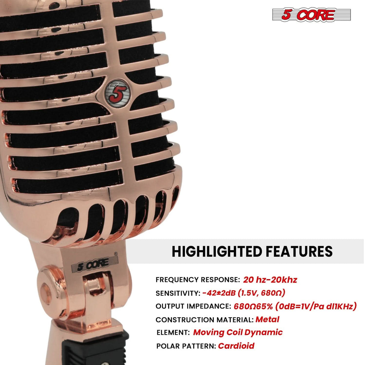 5 Core Retro Dynamic Vocal Iconic Microphone Vintage Style Classic Cardioid Unidirectional Mic