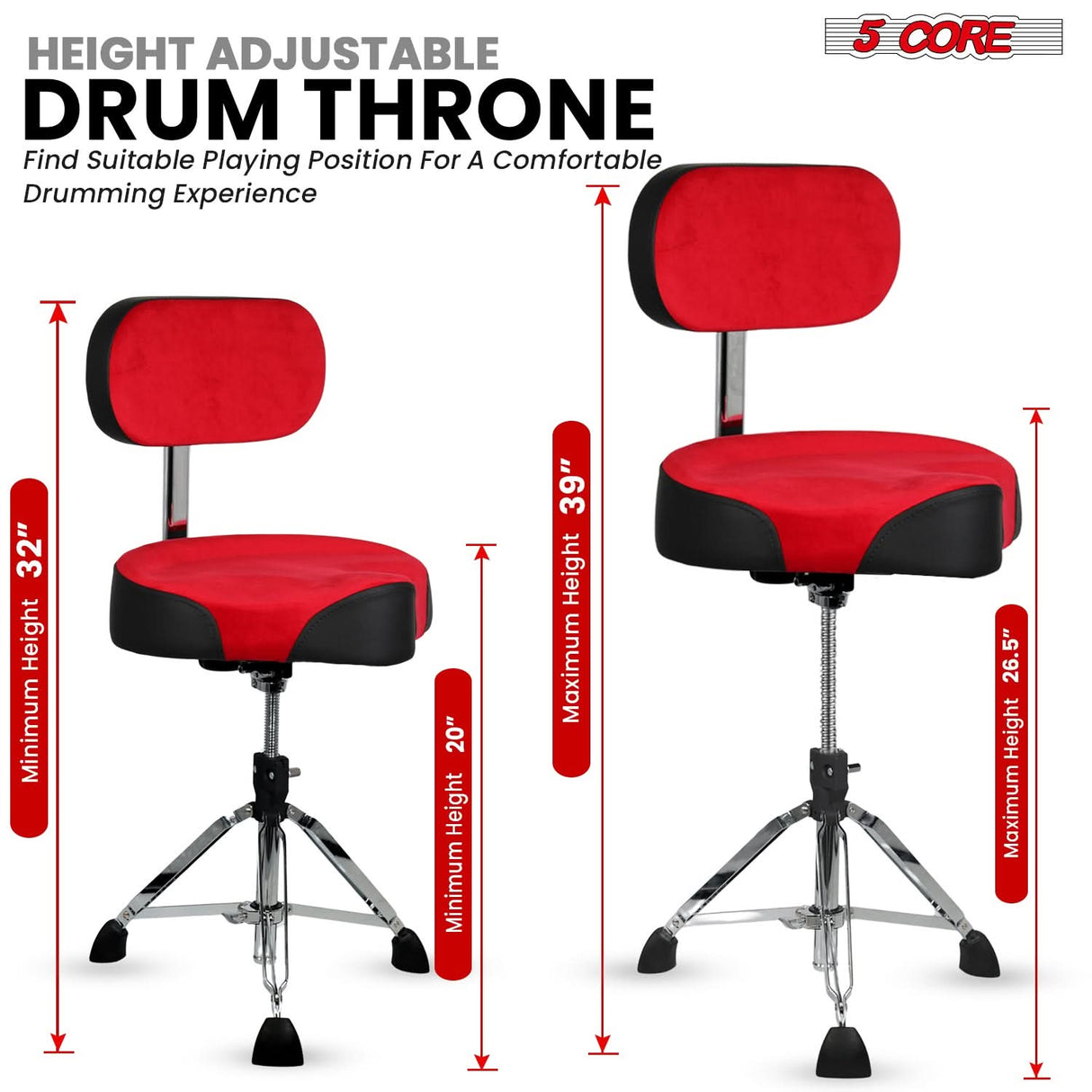 5 Core Drum Throne w Backrest 4" Padded Adjustable 26.5" Drummer Stool w Velvet Top 441Lb Capacity