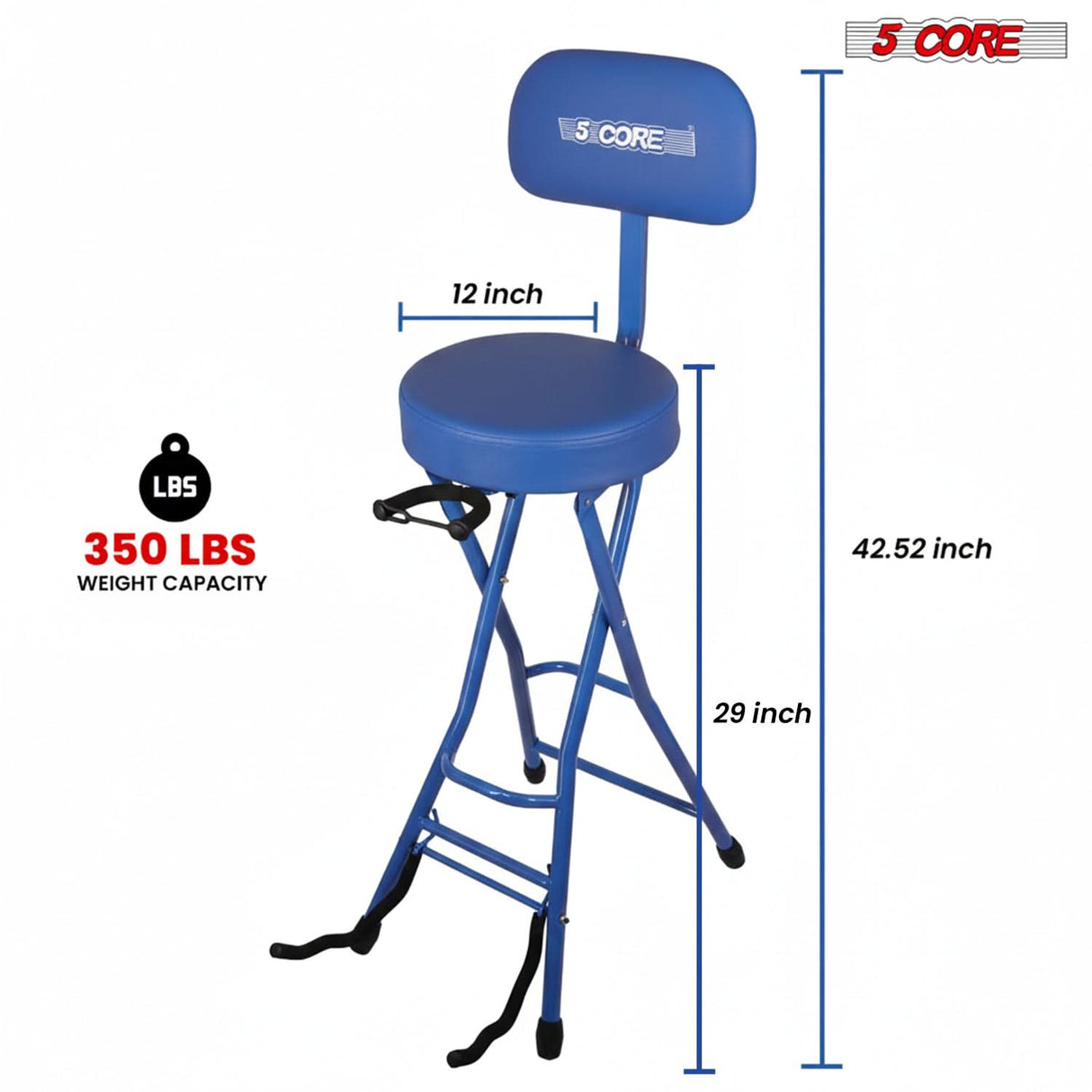 5Core Guitar Stool 3.15" Padded Chair w Backrest Foldable Music Seat Built in Foot Rest Guitar Stand