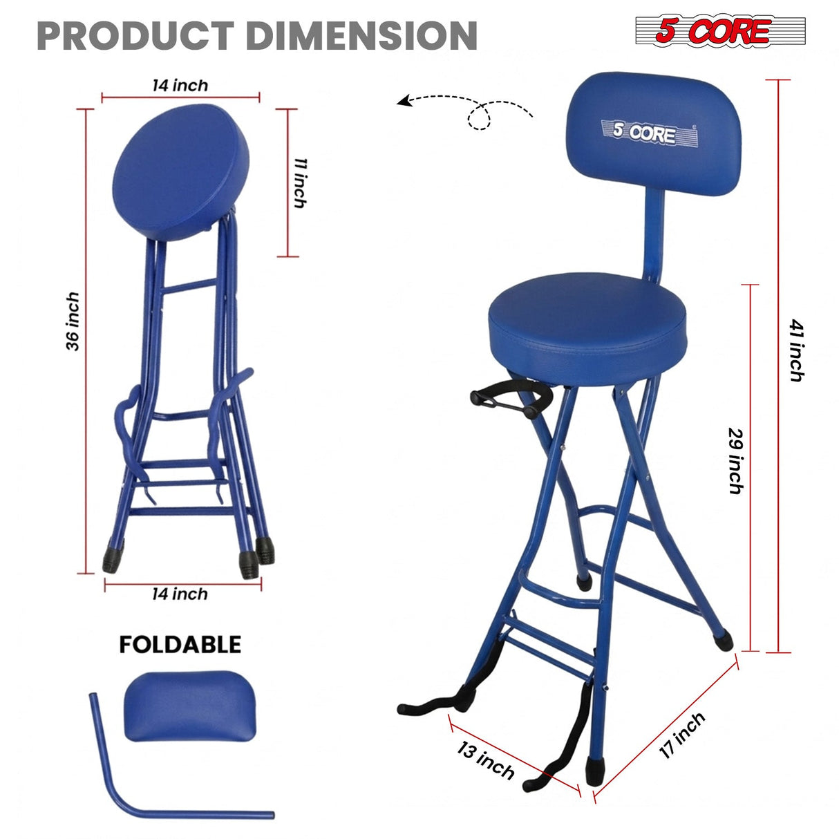 5 Core Guitar Stool w Backrest 3.15" Padded Chair Foldable Music Seat Built in Foot Rest Guitar Stand