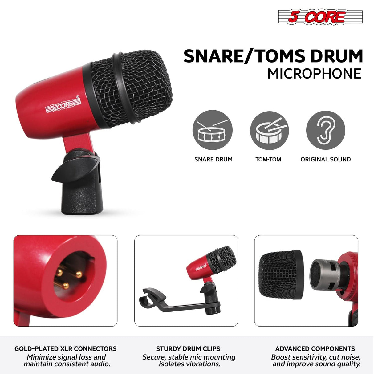 5 Core Drum Microphone Kit 9Pc All Metal Drummer Mics Tom/Snare & Cymbals Wired Instrument Drums Set