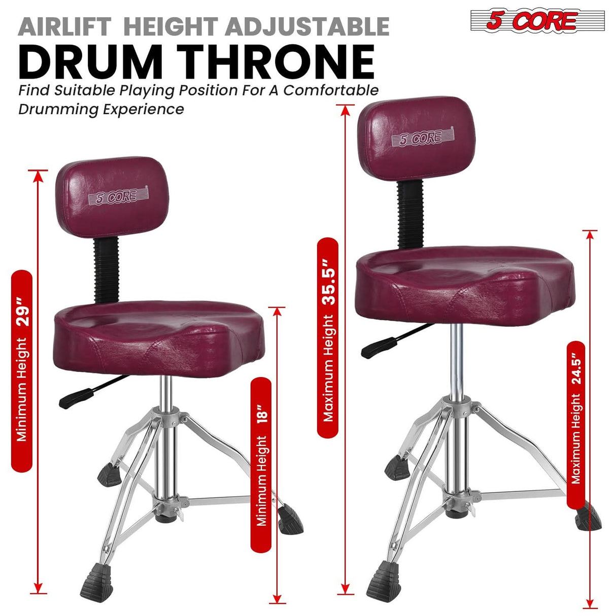 5 Core Drum Throne w Backrest 4" Padded Stool Adjustable 24.5" Drummer Chair w 441Lb Capacity