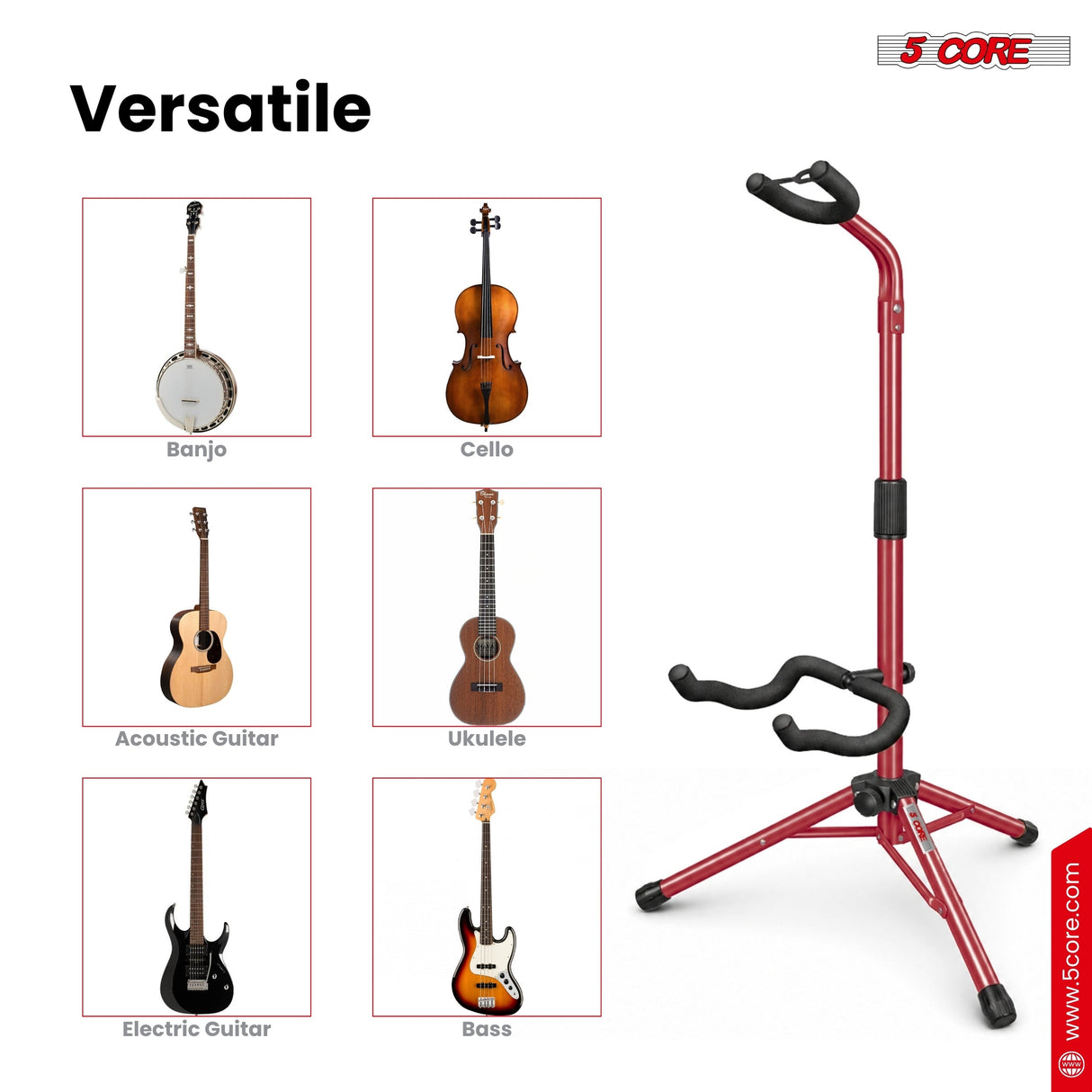 5 Core Guitar Stand Floor Adjustable Heavy Duty w Neck Holder for Acoustic Electric Classic Bass