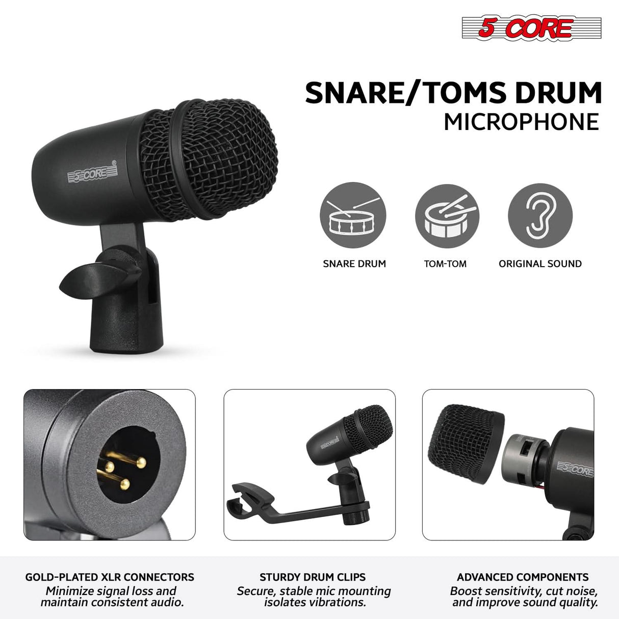 5 Core Drum Microphone Kit 9Pc All Metal Drummer Mics Tom/Snare & Cymbals Wired Instrument Drums Set