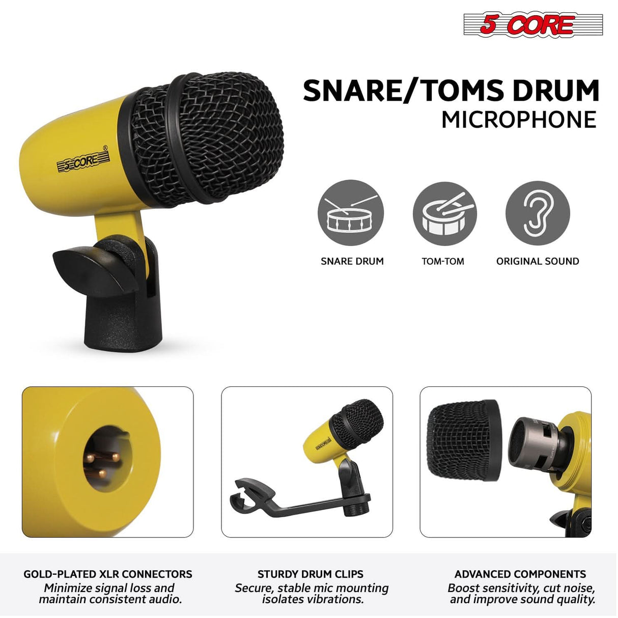 5 Core Drum Microphone Kit 7Pc All Metal Drummer Mics Tom/Snare & Cymbals Wired Instrument Drums Set