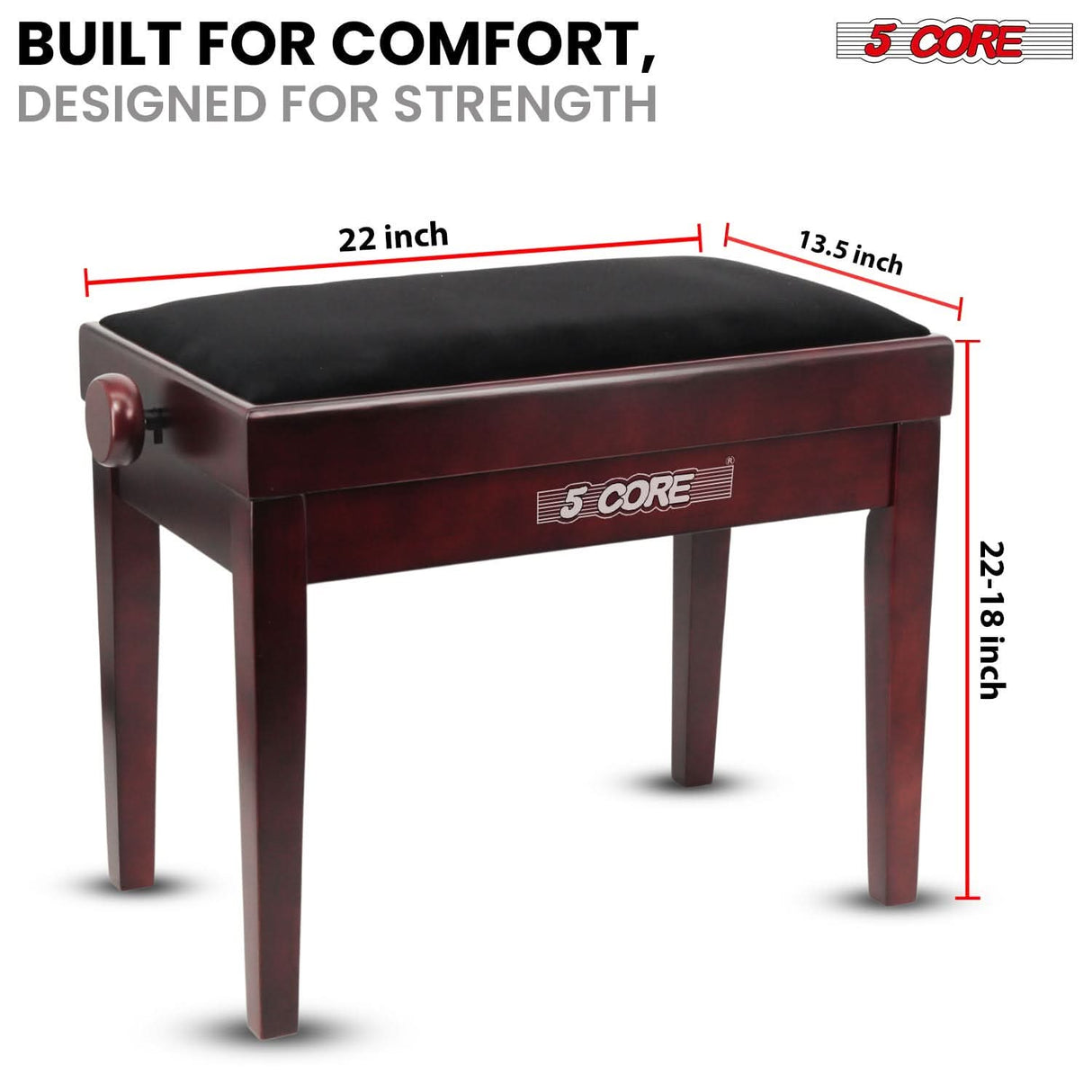 5 Core Adjustable Piano Bench Thick 3.25" Solid Wood Keyboard Stool Heavy Duty Musician Chair