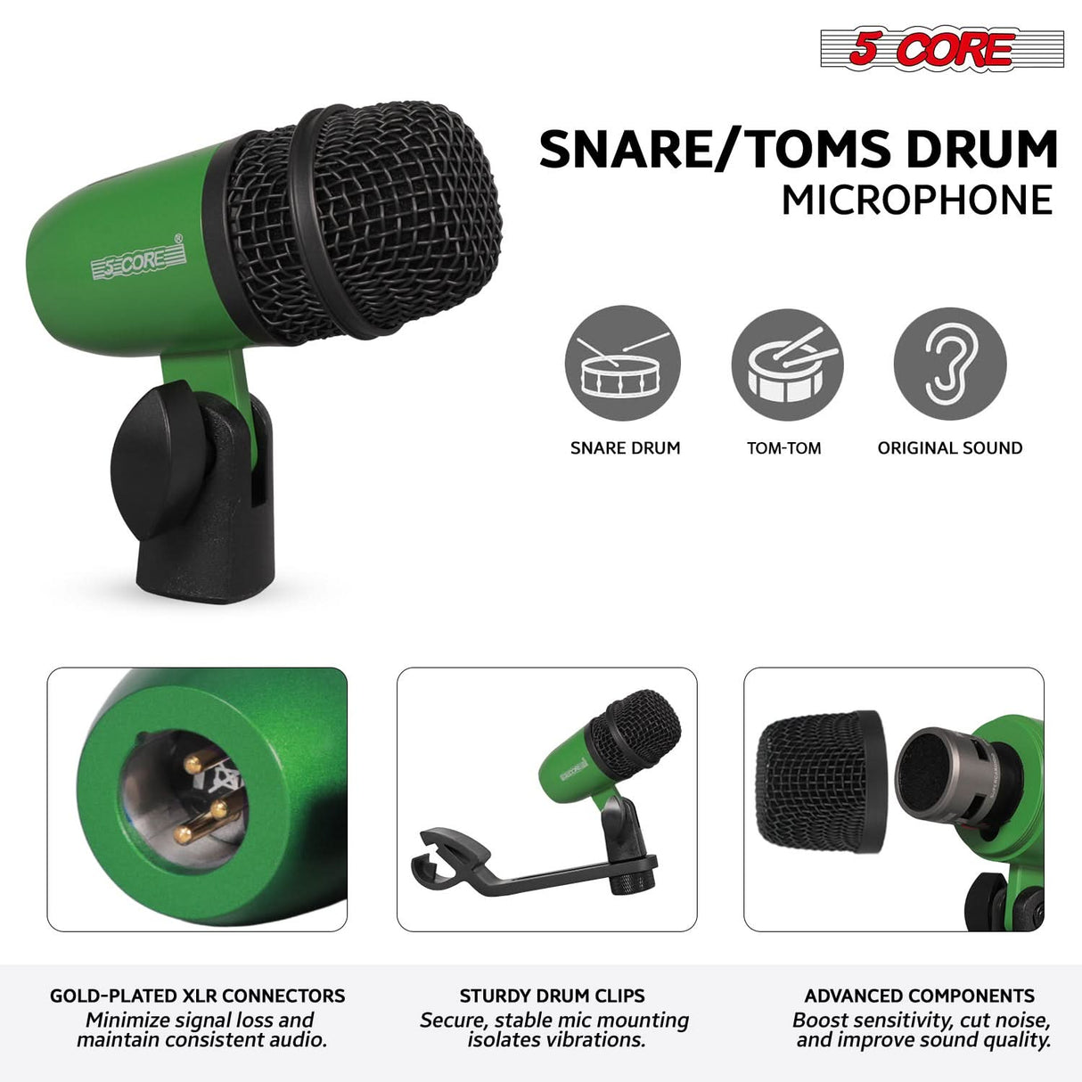 5 Core Drum Microphone Kit 9Pc All Metal Drummer Mics Tom/Snare & Cymbals Wired Instrument Drums Set
