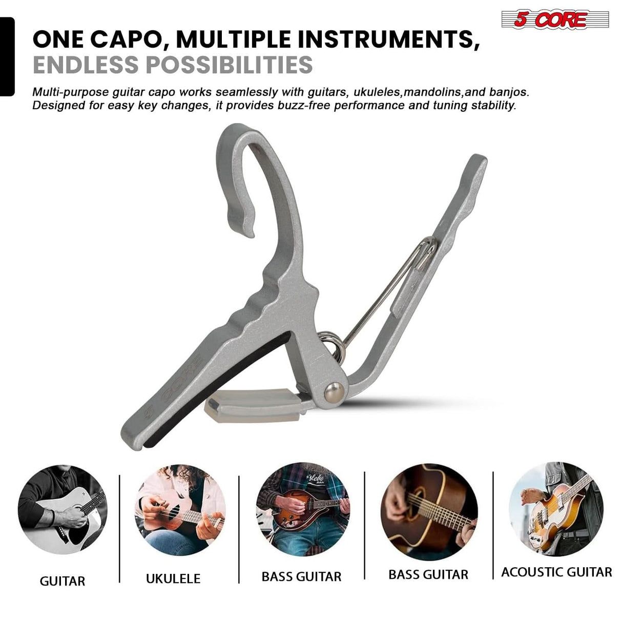 5 Core Guitar Capo Pair Quick Change Acoustic Electric String Clip Banjo Mandolin Or Ukulele Silver