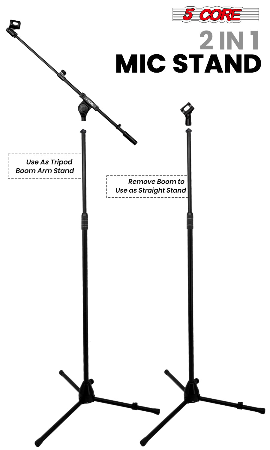 5 Core Mic Stand Adjustable 82" Microphone Stands Floor w 180° Rotating Telescoping Metal Boom Arm