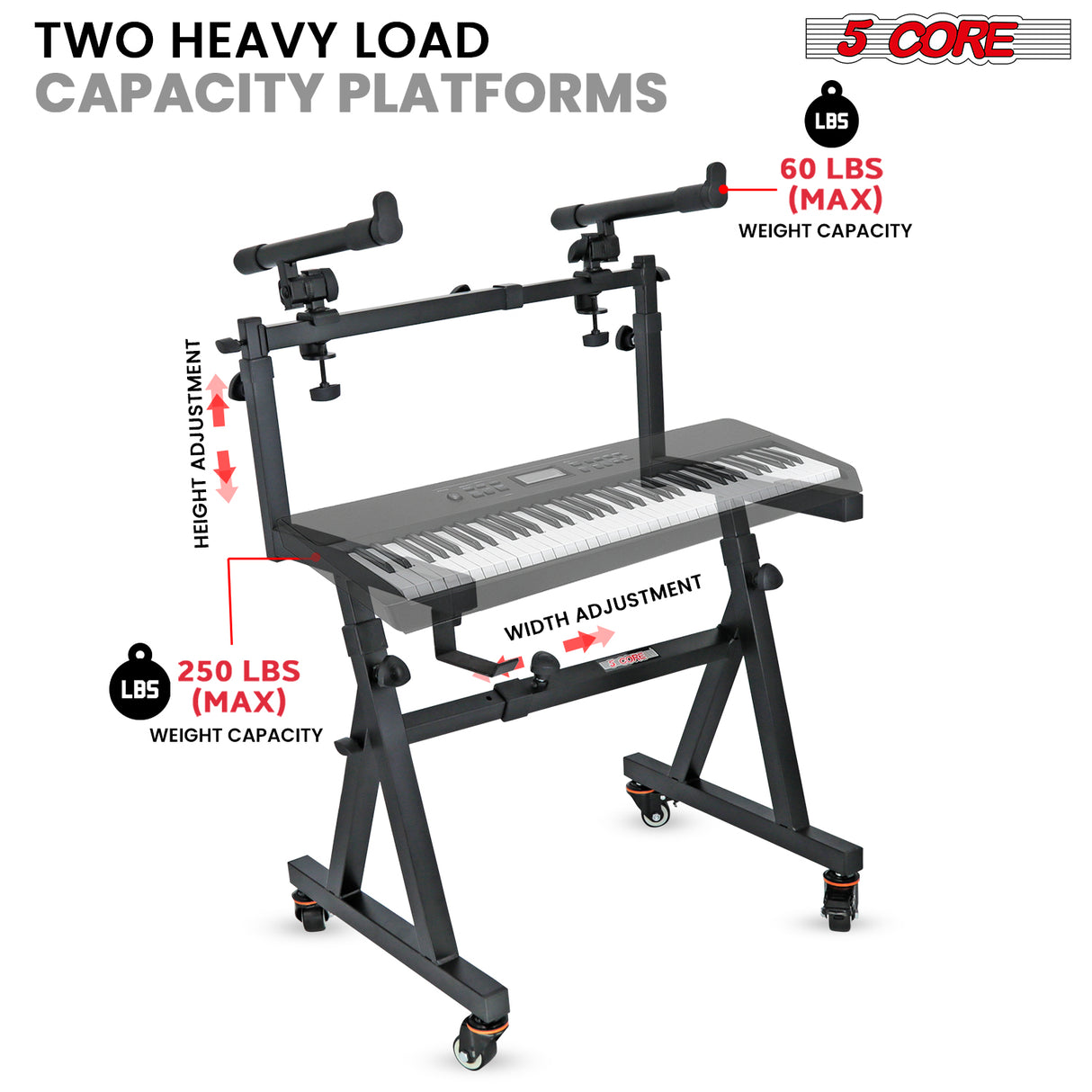 5Core Piano Keyboard Stand Z Style Heavy Duty 2 Tier Stands w Adjustable Arm Fits 54 61 88 Key Board