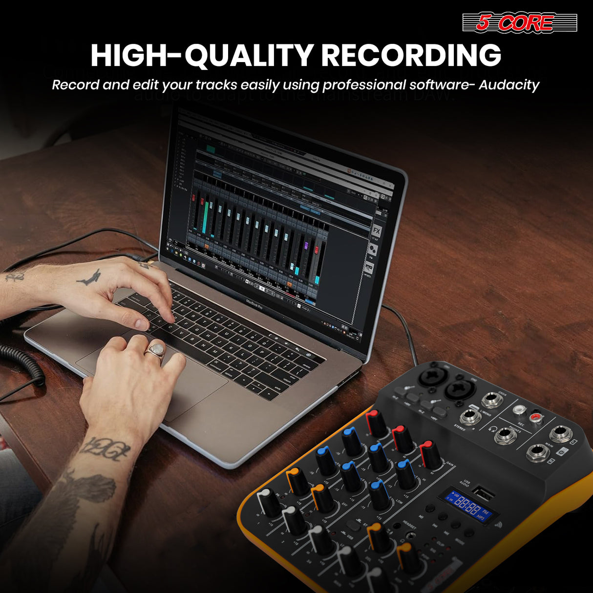 5Core Audio Mixer 4 Channel DJ Soundboard USB Interface Bluetooth Mixing Console w Repeat Delay +48V