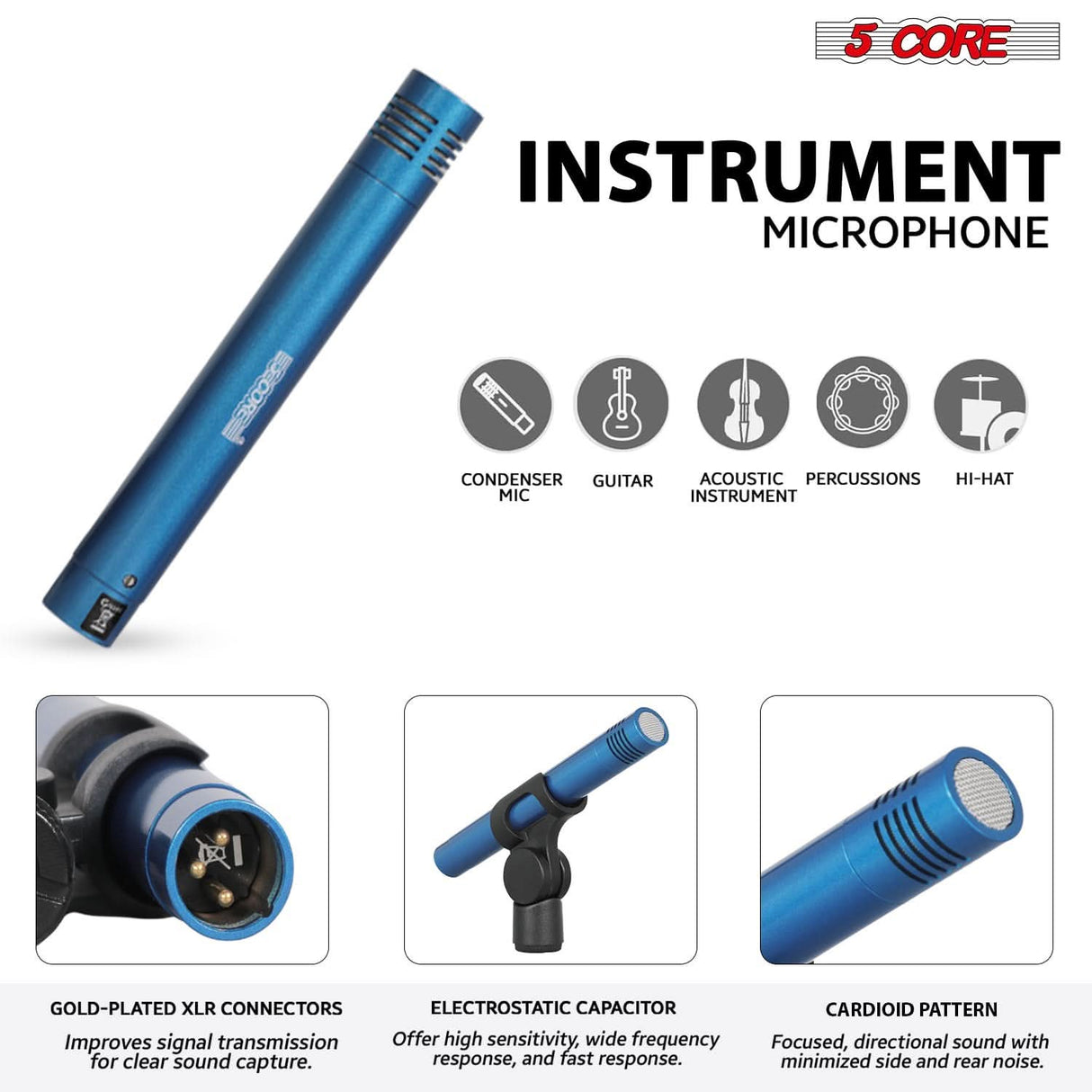 5 Core Drum Microphone Kit 7Pc All Metal Drummer Mics Tom/Snare & Cymbals Wired Instrument Drums Set